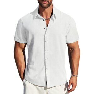 Men's White Linen Short Sleeve Button Down Casual Shirt Business Dress